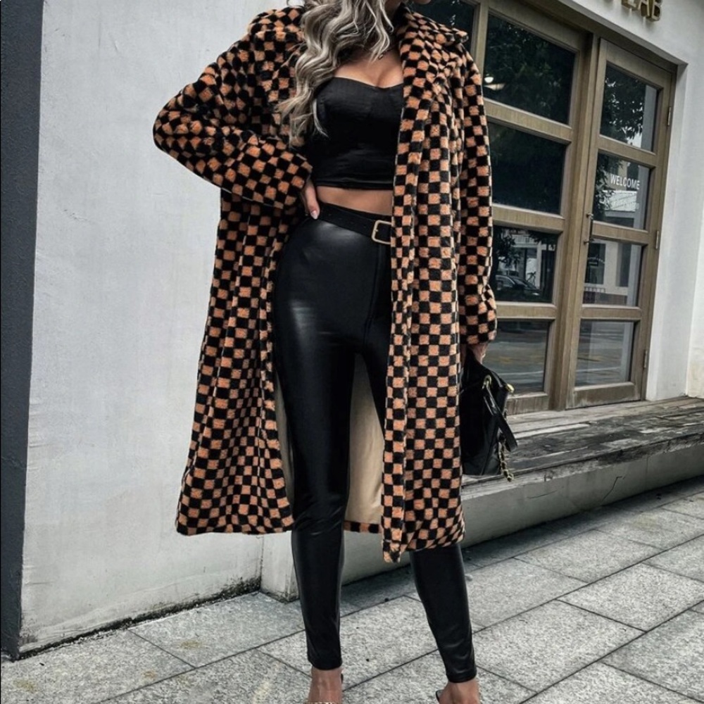 Checkered Brown and Black Women's Coat